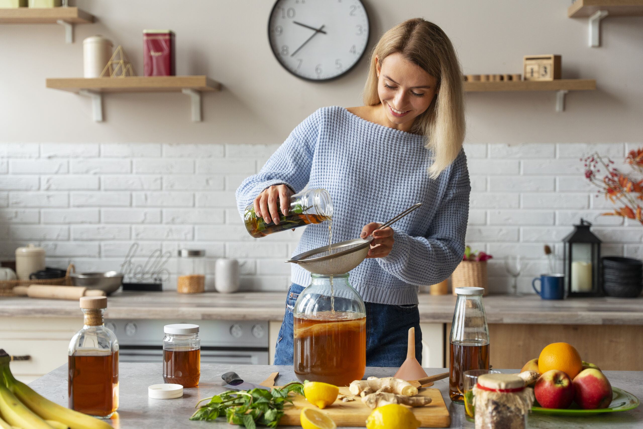 mujer preparando jugos medicinales en cocina con ingredientes naturales como jengibre, limón y frutas