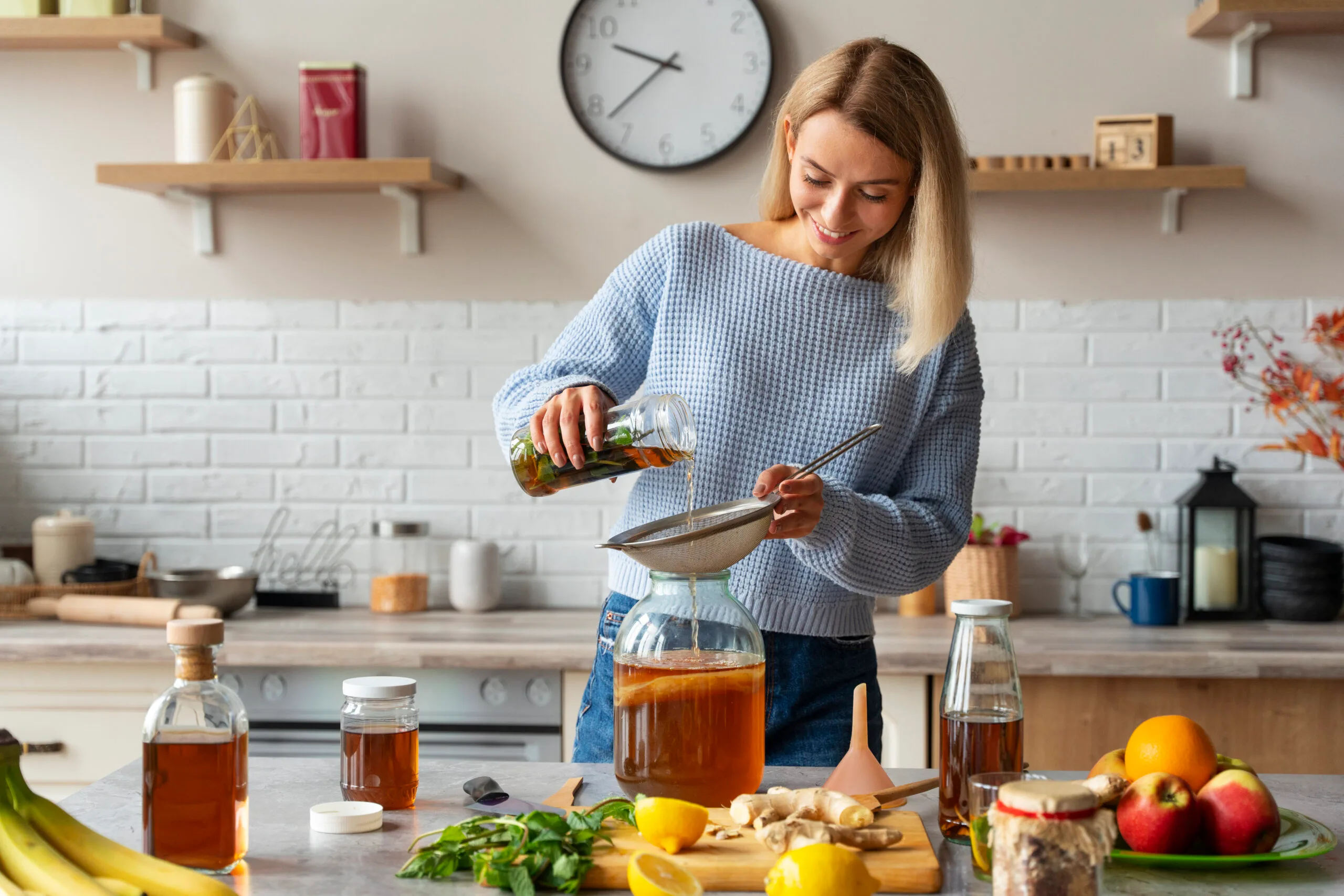 mujer preparando jugos medicinales en cocina con ingredientes naturales como jengibre, limón y frutas
