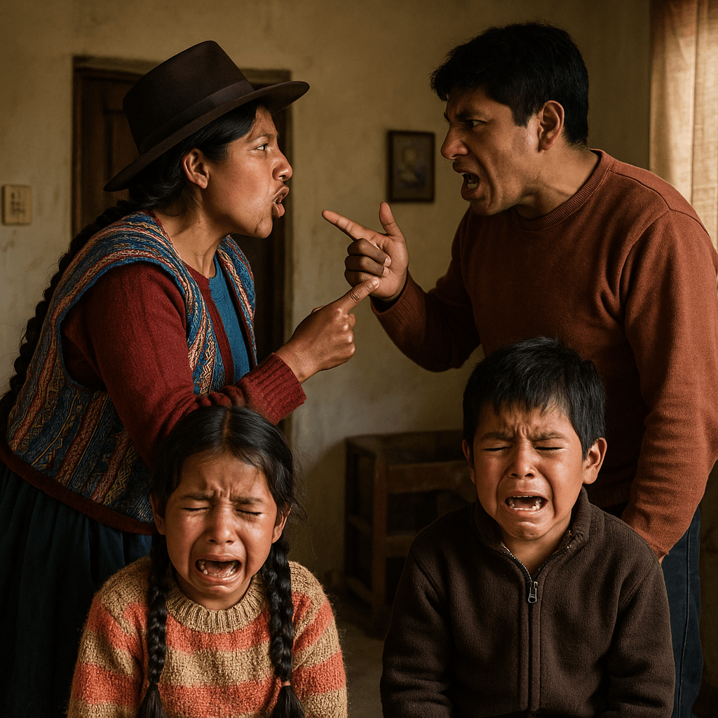 Padres peruanos discutiendo mientras sus hijos lloran, representando conflictos familiares y la necesidad de fortalecer la comunicación y el bienestar en el hogar, tema abordado en el libro La Familia que Soñé de iVIDA.