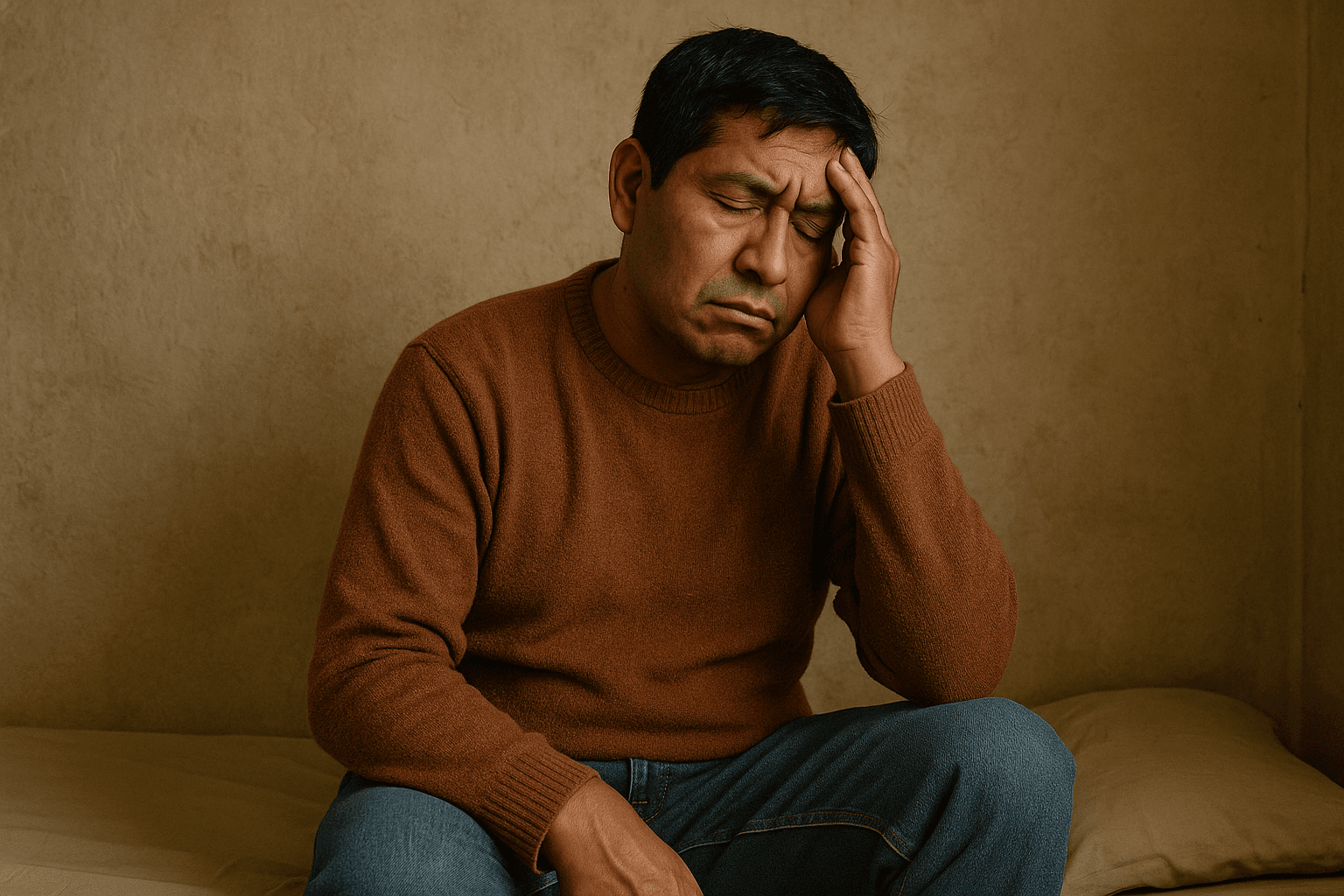 Hombre peruano visiblemente agotado y sin energía, representando el cansancio y la falta de vitalidad que afecta la salud y el bienestar familiar. Imagen relacionada con el libro El Poder Medicinal de los Jugos de iVIDA.