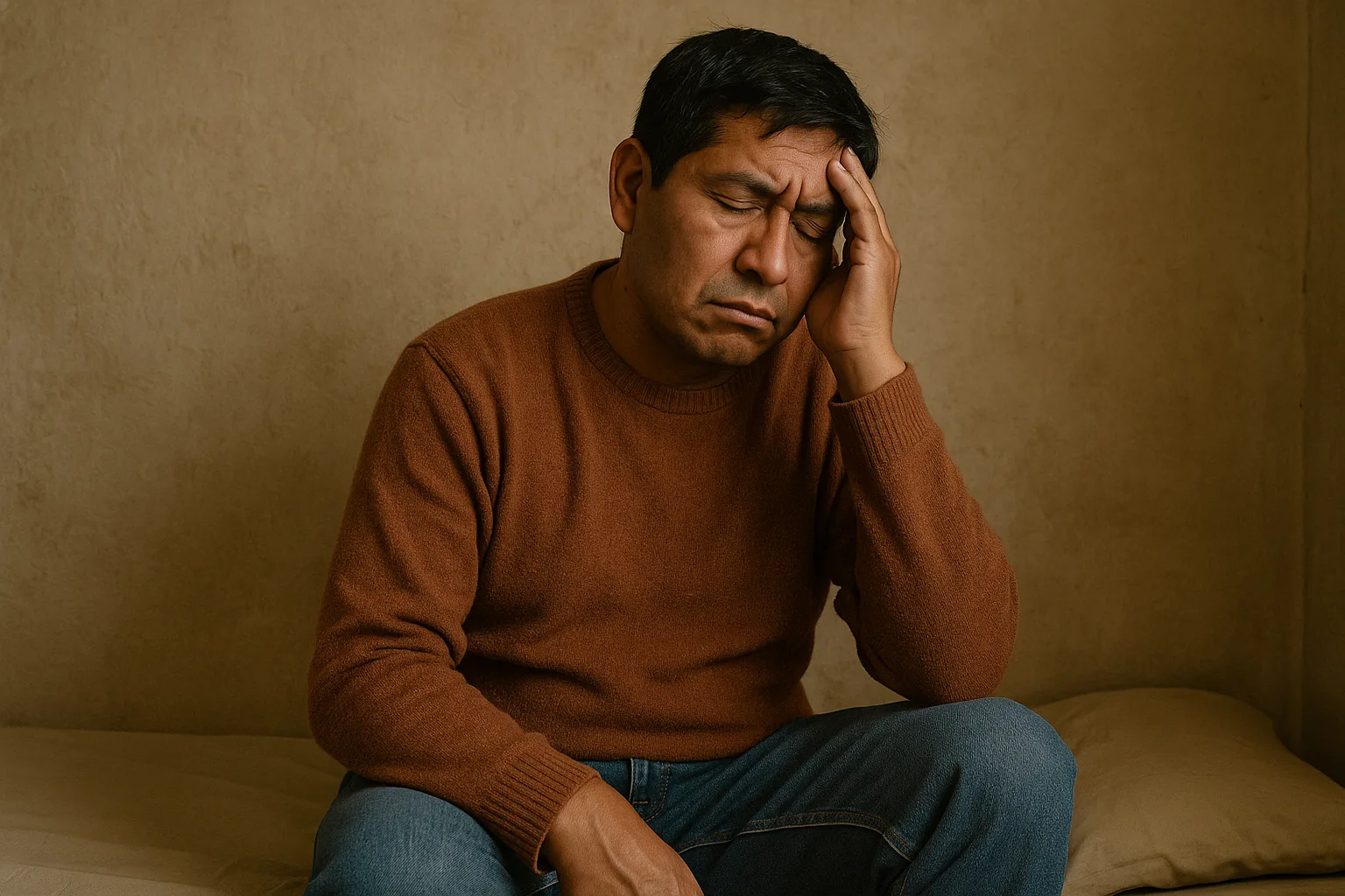 Hombre peruano visiblemente agotado y sin energía, representando el cansancio y la falta de vitalidad que afecta la salud y el bienestar familiar. Imagen relacionada con el libro El Poder Medicinal de los Jugos de iVIDA.