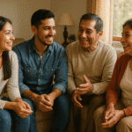 Pareja joven conversando con sus suegros mayores en una sala cálida, todos sonrientes y relajados, simbolizando una relación armoniosa con los suegros.