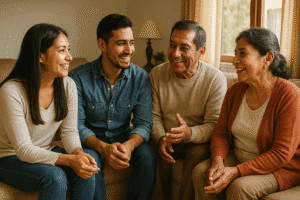Pareja joven conversando con sus suegros mayores en una sala cálida, todos sonrientes y relajados, simbolizando una relación armoniosa con los suegros.