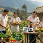 Transforme su salud con iVIDA: familia peruana feliz en un huerto natural disfrutando de alimentación saludable