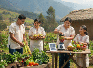 Transforme su salud con iVIDA: familia peruana feliz en un huerto natural disfrutando de alimentación saludable