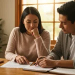 Plan financiero familiar: pareja organizando presupuesto 50/30/20 para evitar peleas por dinero