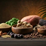 superalimentos para el sistema nervioso: quinua, maca, camote, maíz morado y semillas sobre mesa de madera