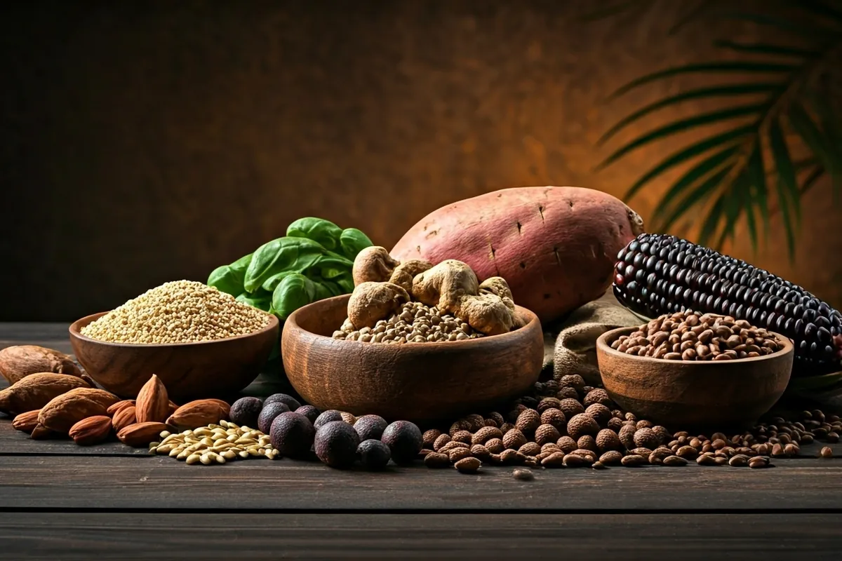 superalimentos para el sistema nervioso: quinua, maca, camote, maíz morado y semillas sobre mesa de madera