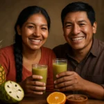 Familia peruana consumiendo jugos funcionales para digestión mental preparados para mejorar digestión y salud mental.