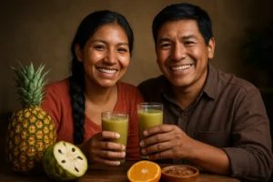 Familia peruana consumiendo jugos funcionales para digestión mental preparados para mejorar digestión y salud mental.