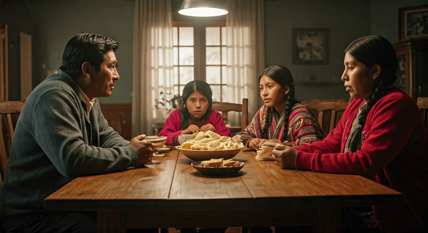 Familia peruana practicando comunicación afectiva en casa, sin pantallas, para fortalecer la resiliencia emocional