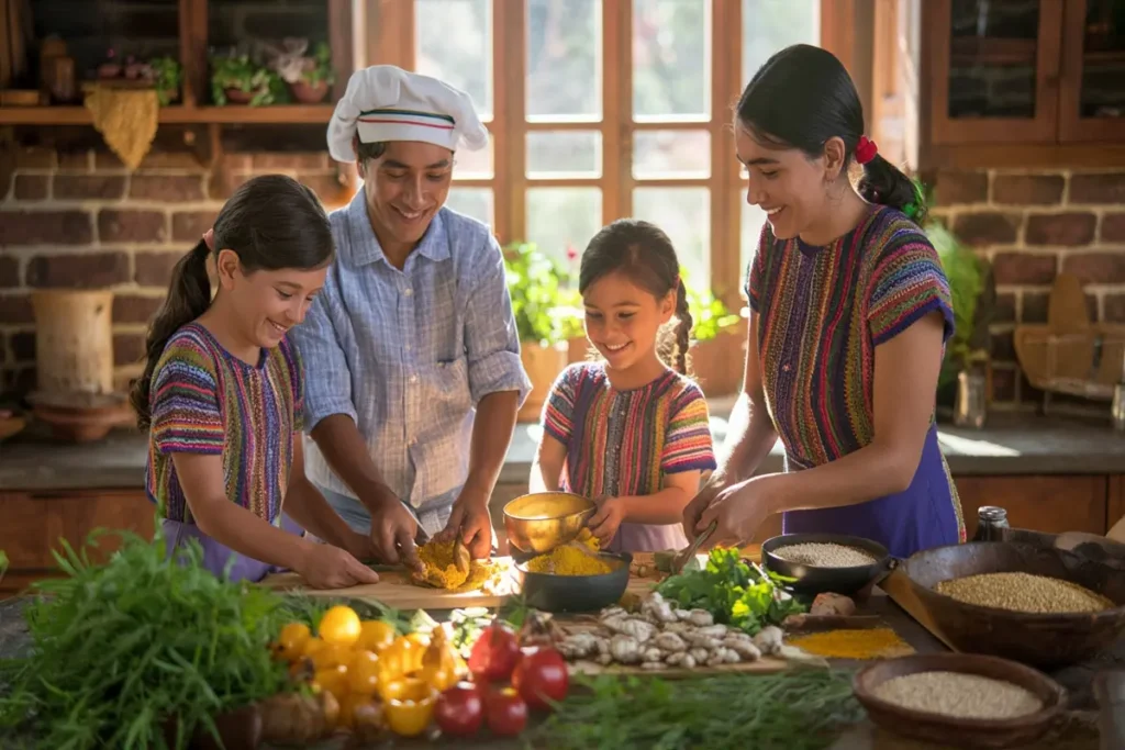 Familia cocina superalimentos en la prevención metabólica como quinua, sacha inchi y cúrcuma para evitar diabetes y colesterol