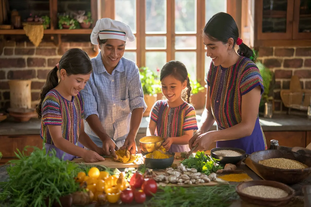 Familia cocina superalimentos en la prevención metabólica como quinua, sacha inchi y cúrcuma para evitar diabetes y colesterol