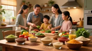 Superalimentos para la digestión: linaza, quinua y kiwicha en una mesa familiar, ingredientes andinos listos para recetas sin azúcar añadida