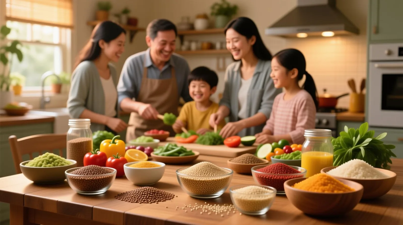Superalimentos para la digestión: linaza, quinua y kiwicha en una mesa familiar, ingredientes andinos listos para recetas sin azúcar añadida