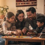 Padres e hijos jugando juegos de mesa como ejemplo de familias saludables que limitan el uso de tecnología.