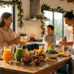 Familia peruana na cozinha preparando jugos medicinales com ingredientes frescos como camu camu e maracujá durante o café da manhã de Natal.