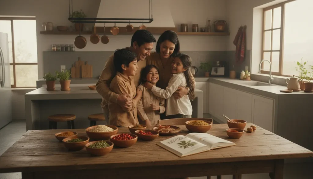 Familia peruana organizando su menú semanal basado en un plan con superalimentos naturales como quinua y maca.