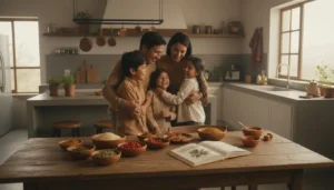 Familia peruana organizando su menú semanal basado en un plan con superalimentos naturales como quinua y maca.