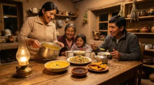 Superalimentos para dormir mejor en cena familiar: sopa con cúrcuma, quinua, camote e infusión de kion en cocina hogareña.